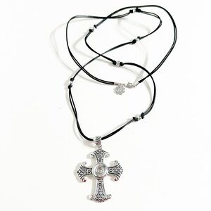 Magnolia and Vine Silver Cross Pendant Necklace Black Leather Cord Snap Jewelry